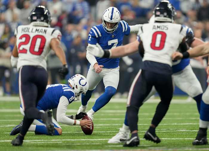 Indianapolis Colts place kicker Matt Gay (7) kicks a field goal Saturday, Jan. 6, 2024, during a game against the Houston Texans at Lucas Oil Stadium in Indianapolis.